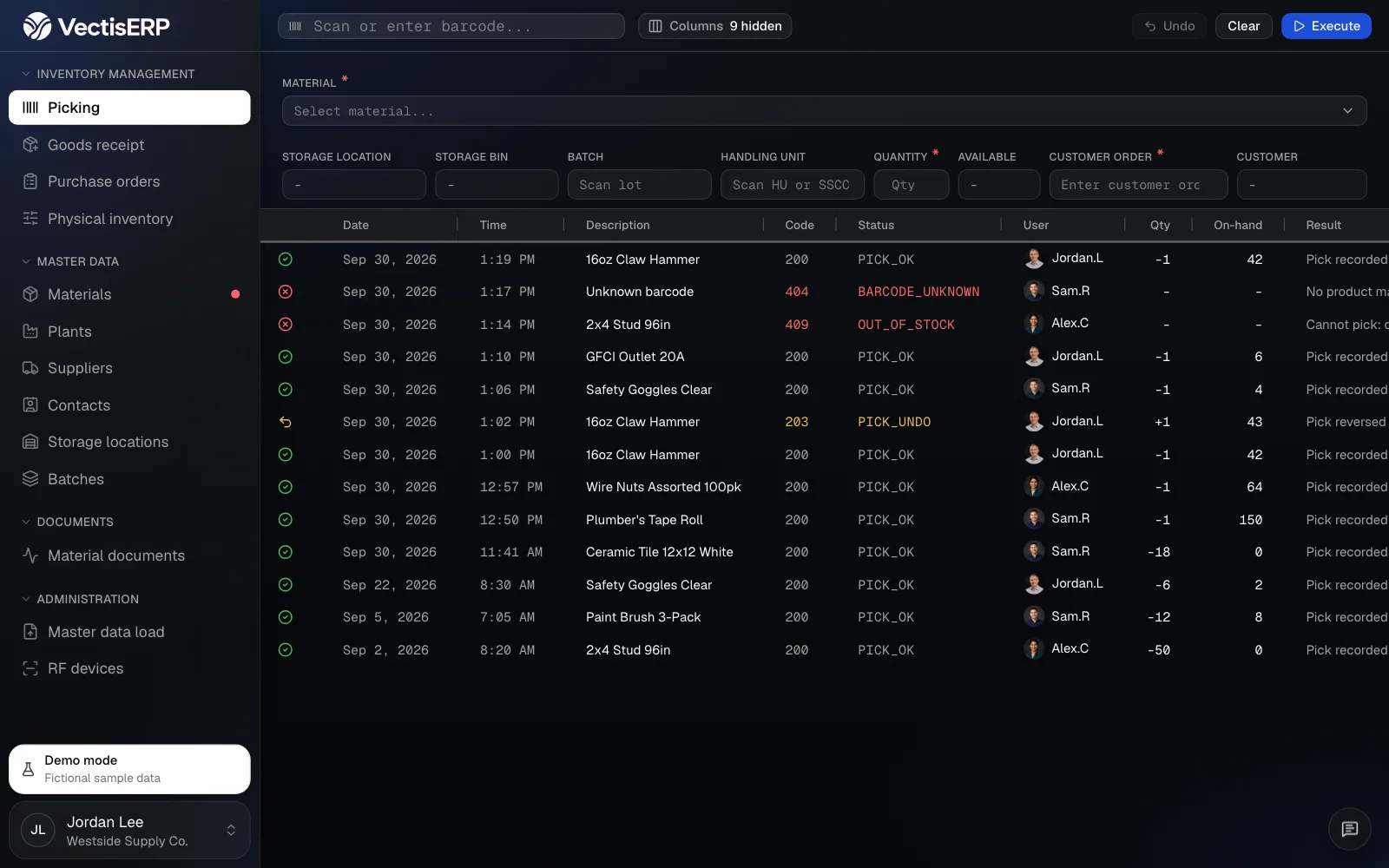 VectisERP Picking screen showing barcode results, quantities and recent stock movements.