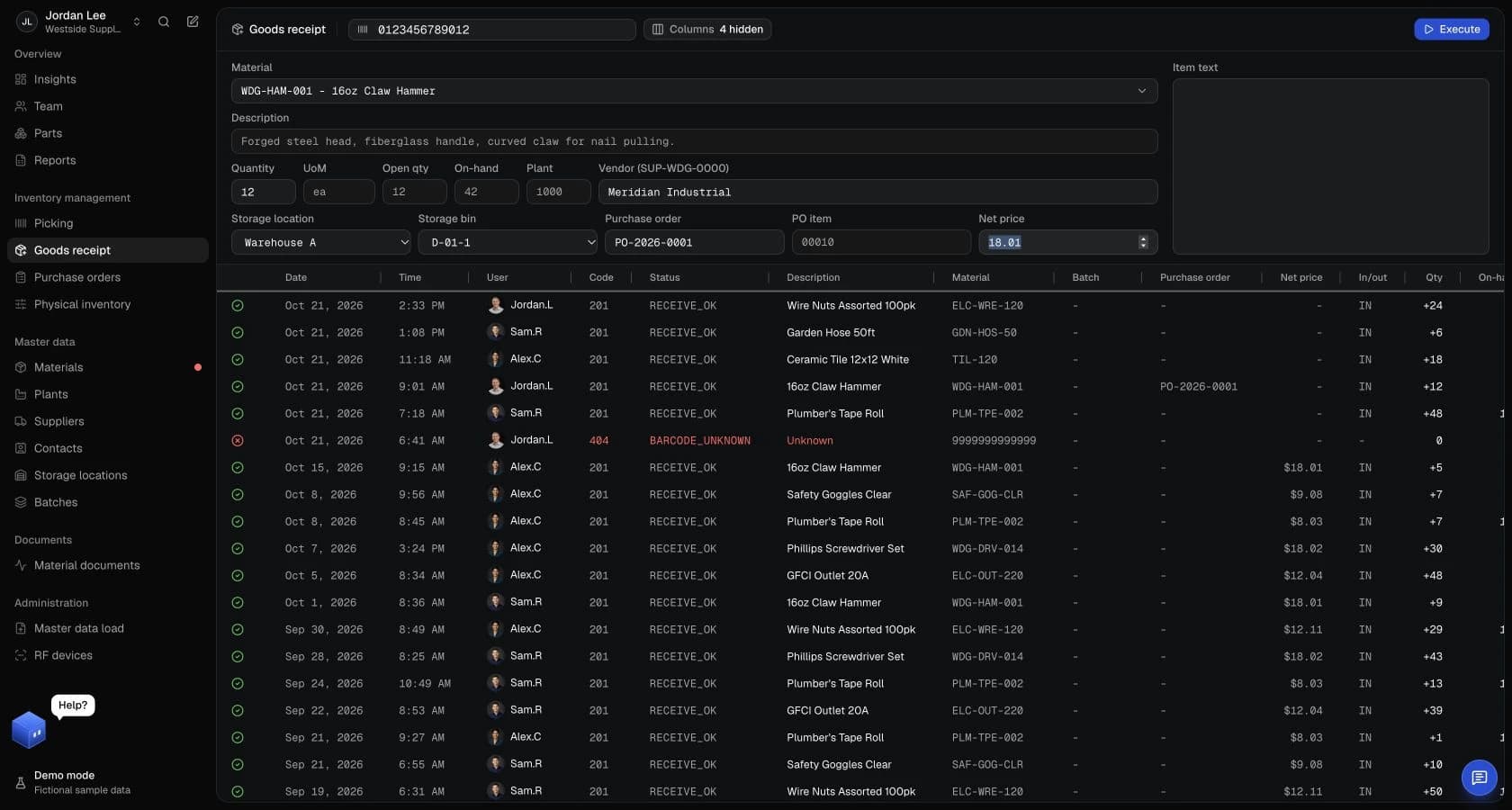 VectisERP goods receipt with a barcode field, purchase order context and recorded receipts