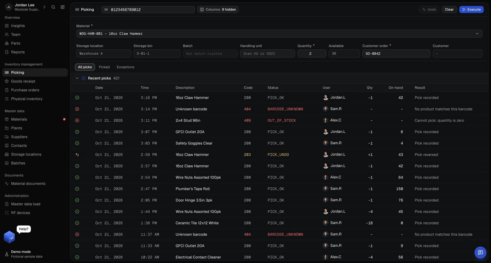 VectisERP barcode picking with customer order context, quantities and a log of recorded picks